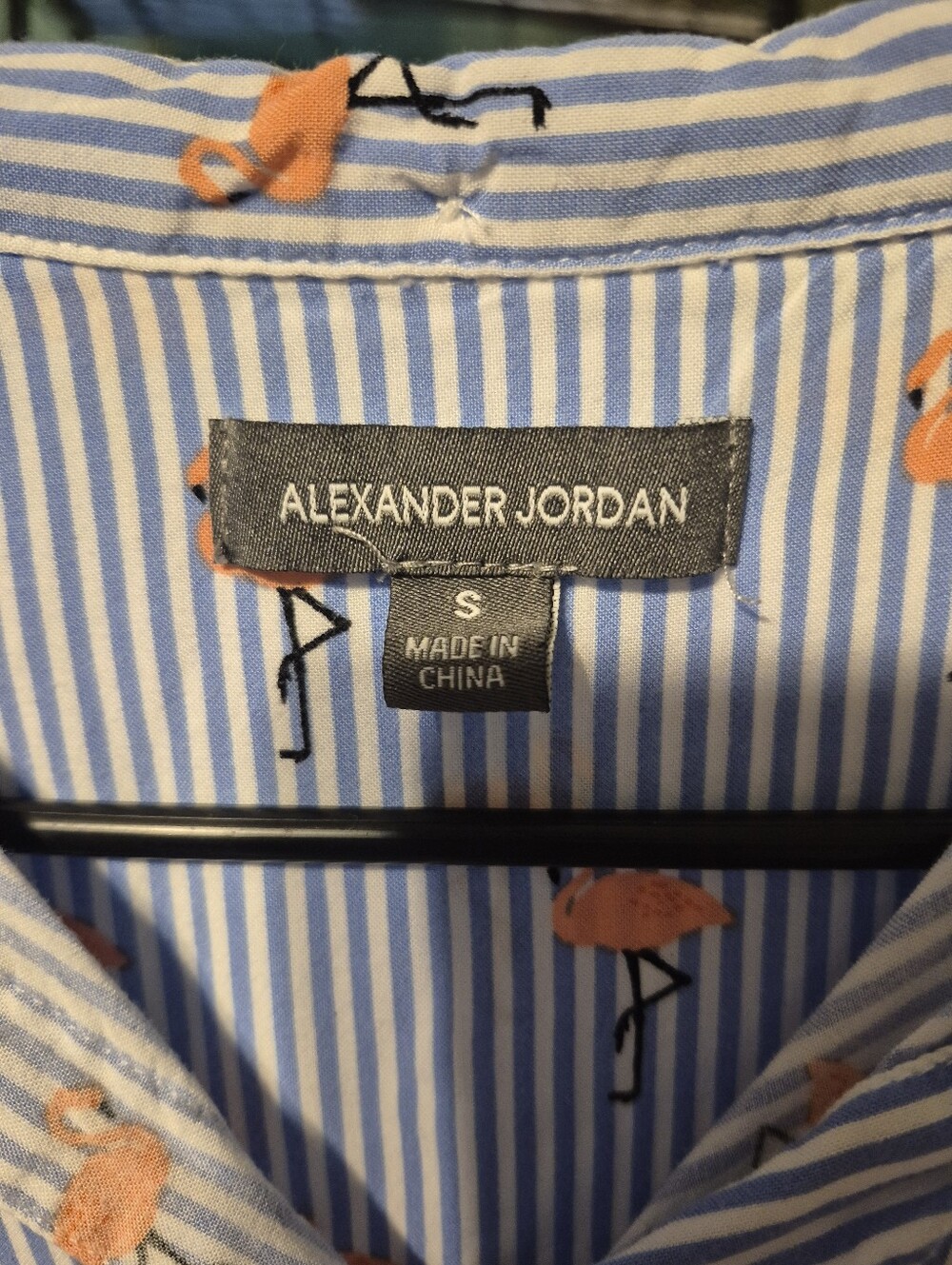 Blue Striped Sleeveless Button-Down Shirt with Pink Flamingo Print - Picture 2 of 6